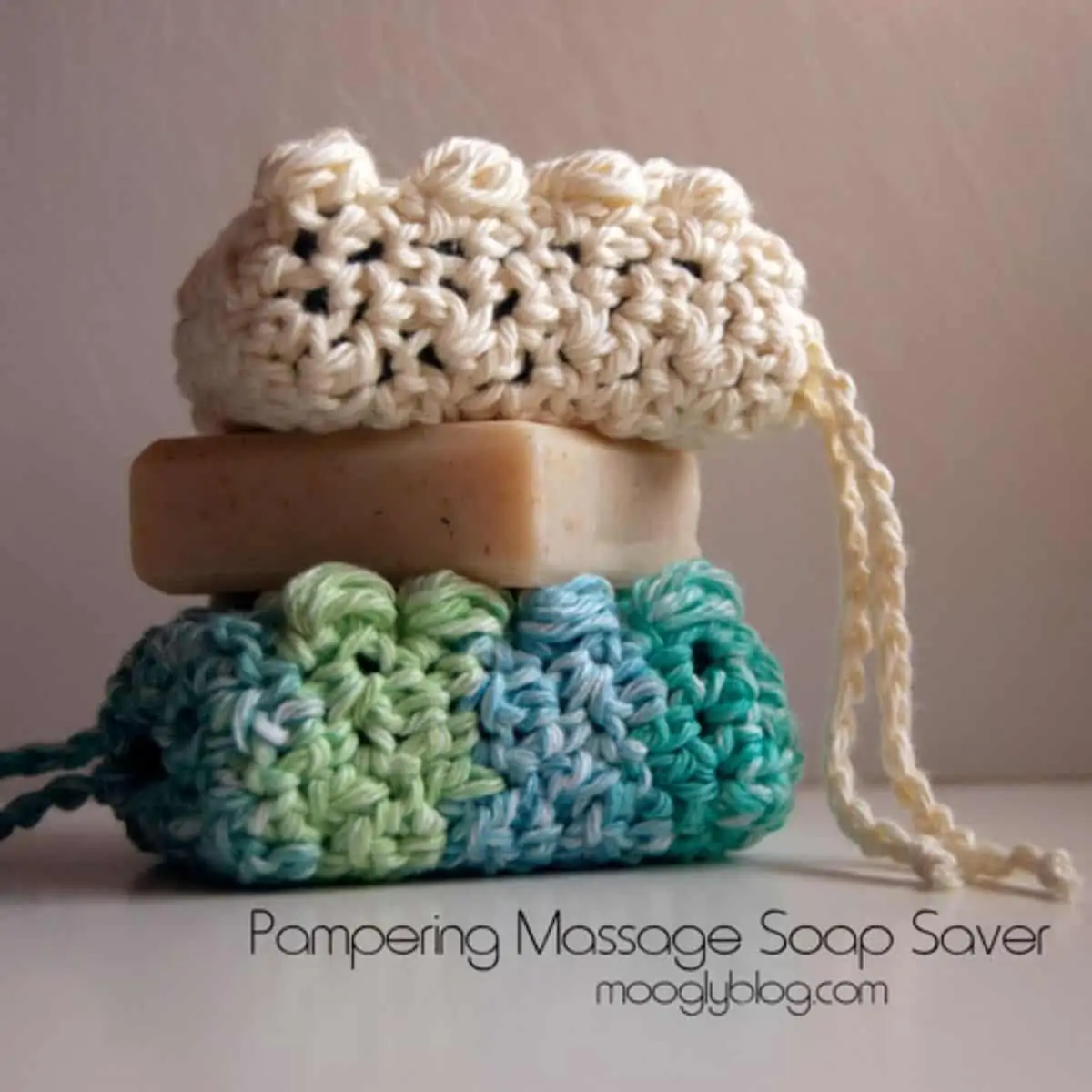 crochet soap savers stacked with a bar of soap between them
