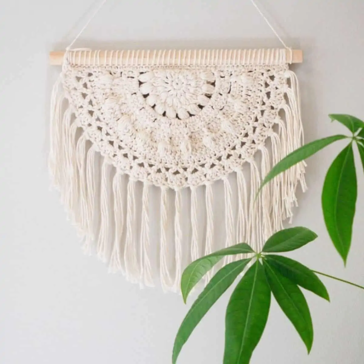 semi circle boho crochet wall hanging with part of a plant in front