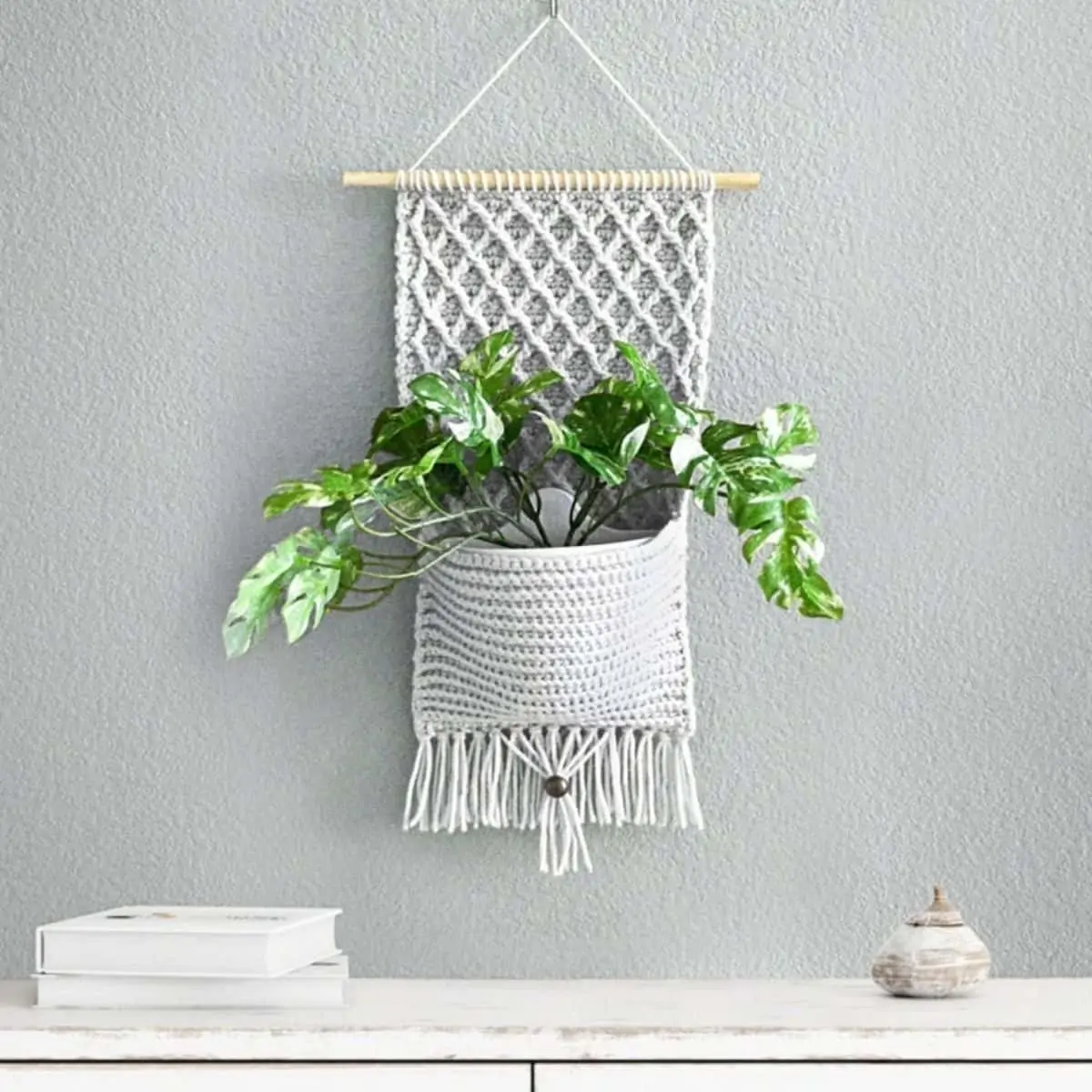 crochet plant hanger with a lovely plant flowing out of the pocket.