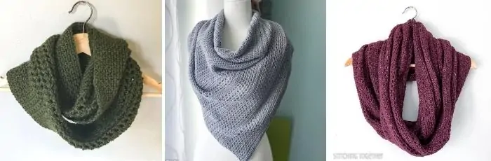 collage of crochet shawls or scarves with open stitch work
