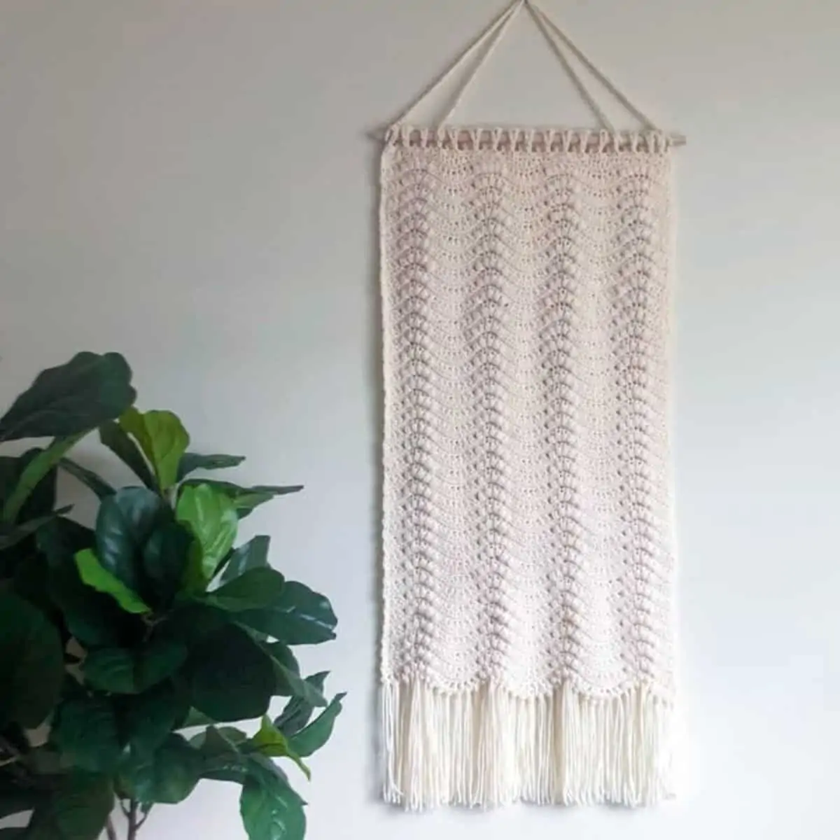 plant and a long wavy crochet wall hanging