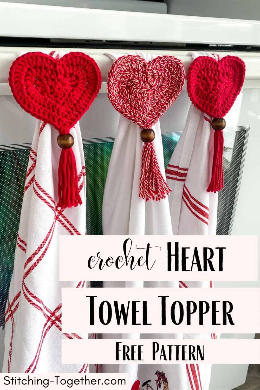 graphic saying crochet heart towel topper free pattern and image of heart towel toppers