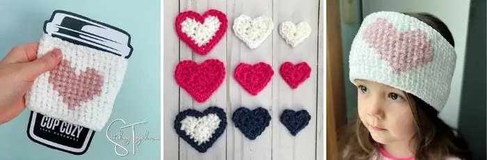 crochet projects featuring hearts, a coffee cup sleeve, crochet hearts, and a headband