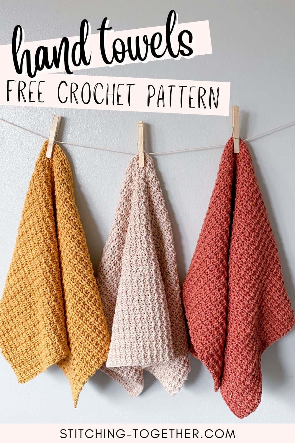 pin of three crochet hand towels hanging from clothes pins with text reading "hand towels free crochet pattern"