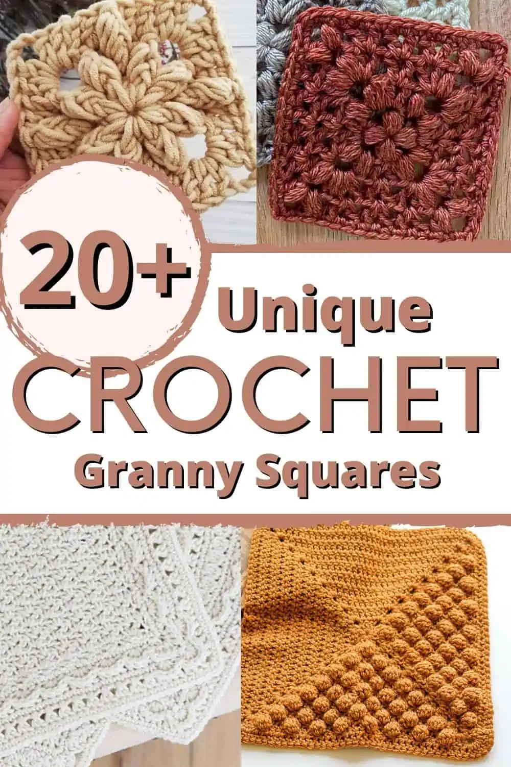 graphic reading "20+ unique crochet granny squares" with images of different granny squares