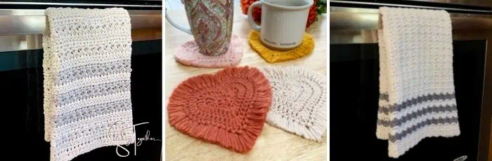 collage of 2 crochet dish towels and heart shaped coasters
