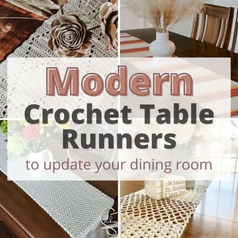 collage of table runners with words reading, "modern crochet table runners to update your dining room."