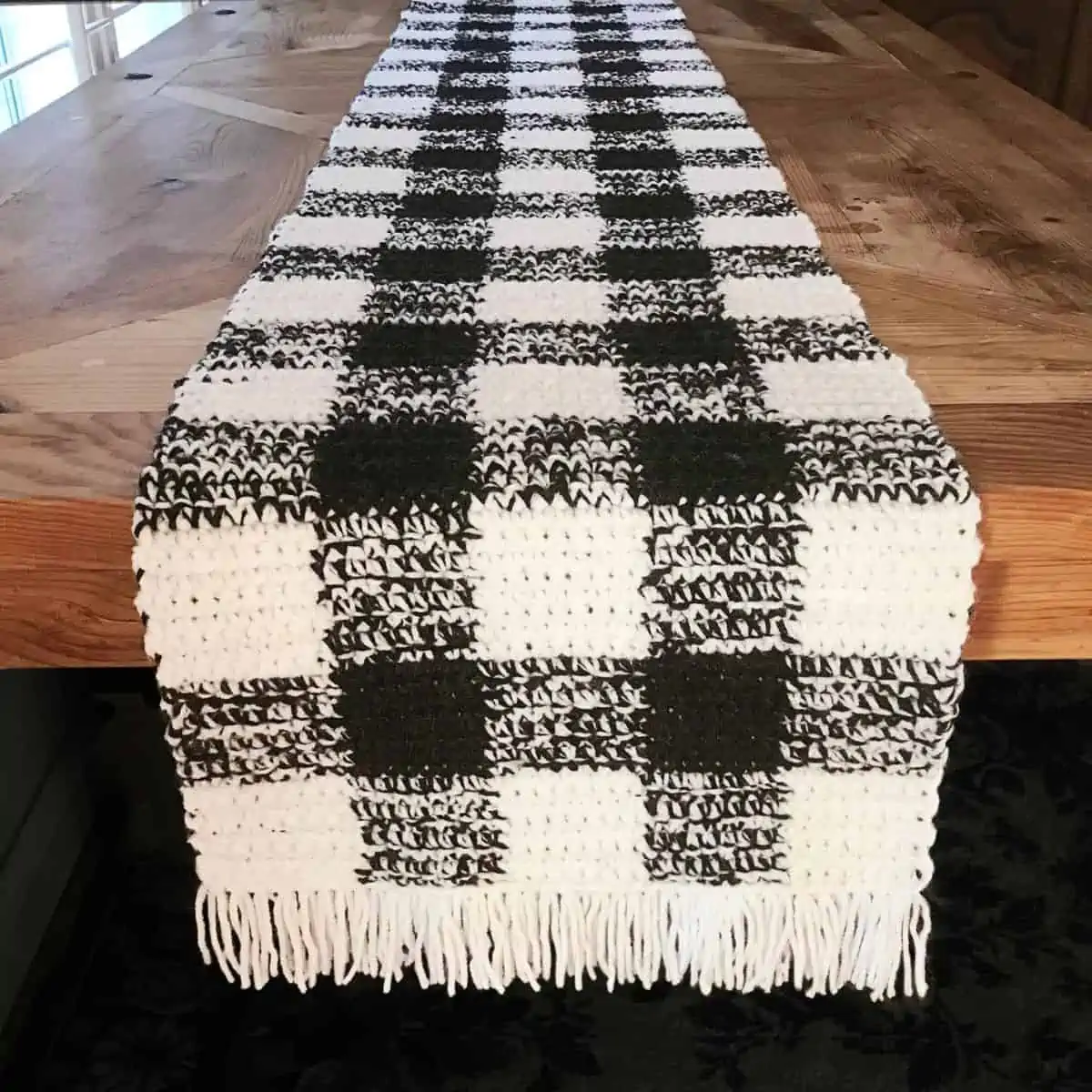 black, white and gray, buffalo check table runner