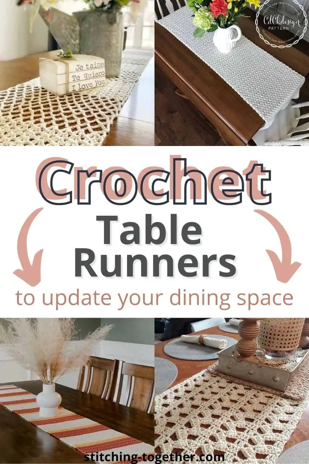 collage of table runners with words reading, "crochet table runners to update your dining space"