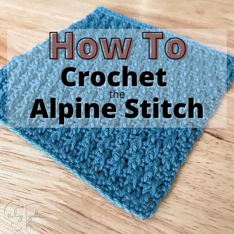 graphic image saying, "How to crochet the alpine stitch" with a swatch of the stitch in the background
