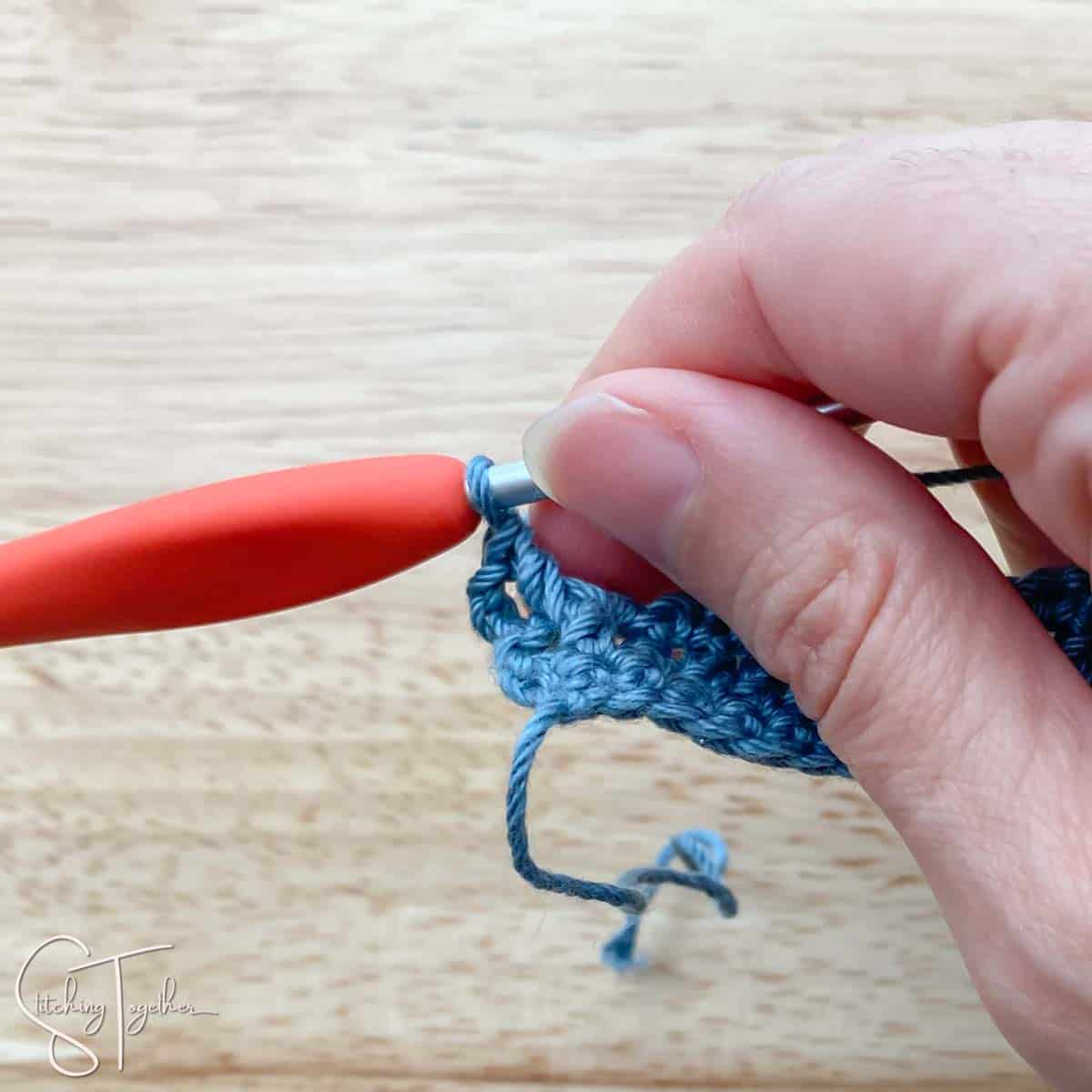 left - close up of working around a post stitch