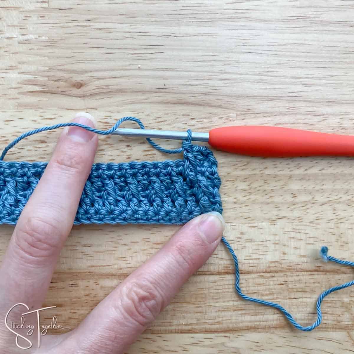 first completed post stitch of row 6 for the Alpine crochet stitch