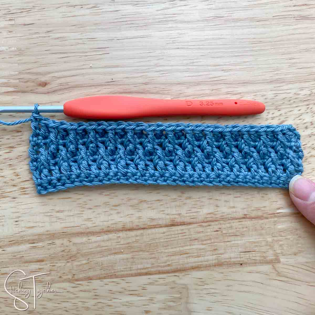 Alpine stitch crochet swatch with rows 1-6 completed