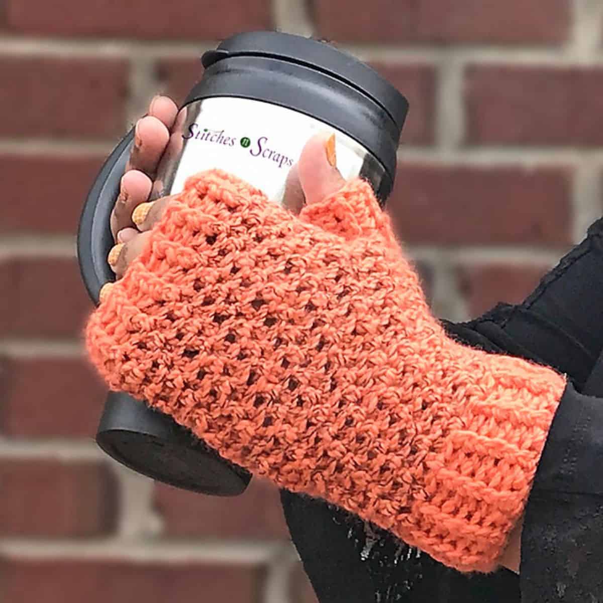 crochet fingerless gloves being worn