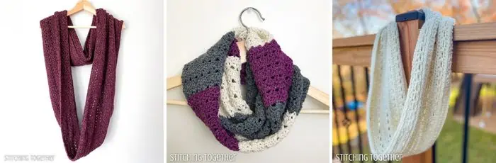 collage of three different crochet infinity scarves