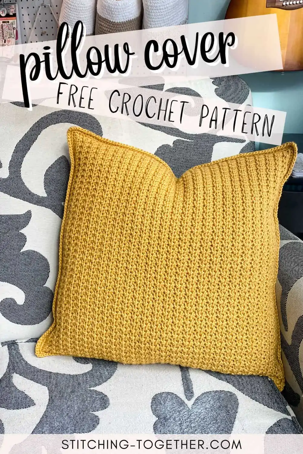 graphic reading "pillow cover free crochet pattern" with image of a crochet pillow on a chair