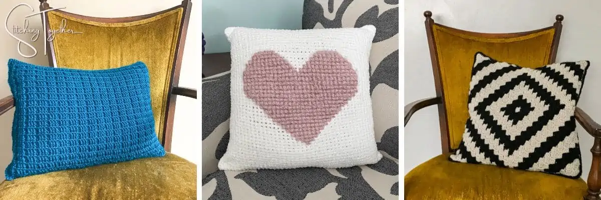collage of three different crochet pillow covers