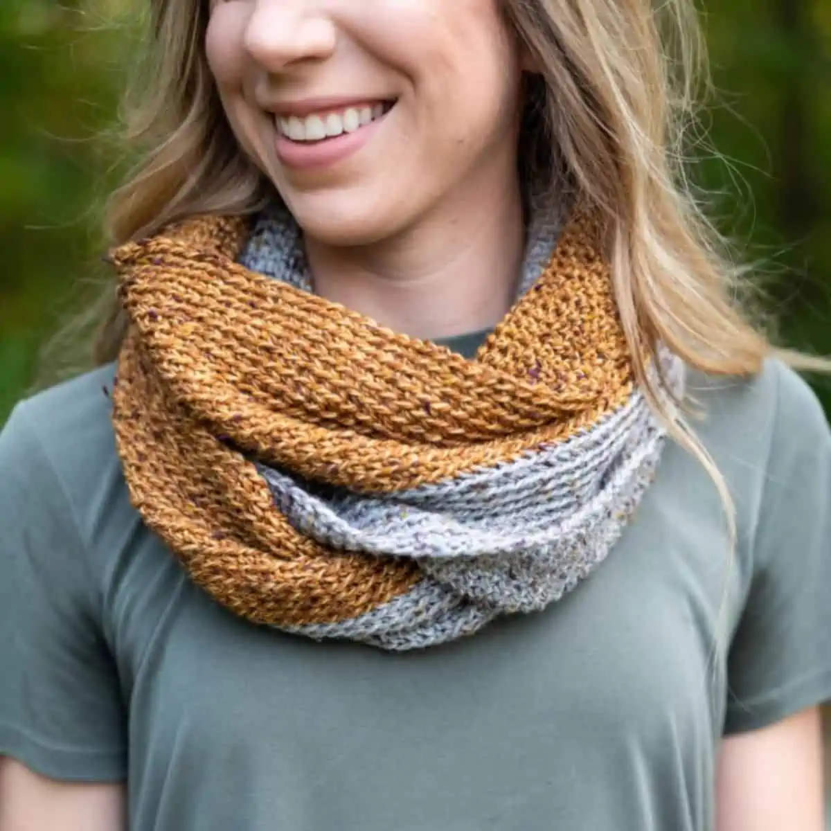 two toned infinity scarf wrapped on a woman