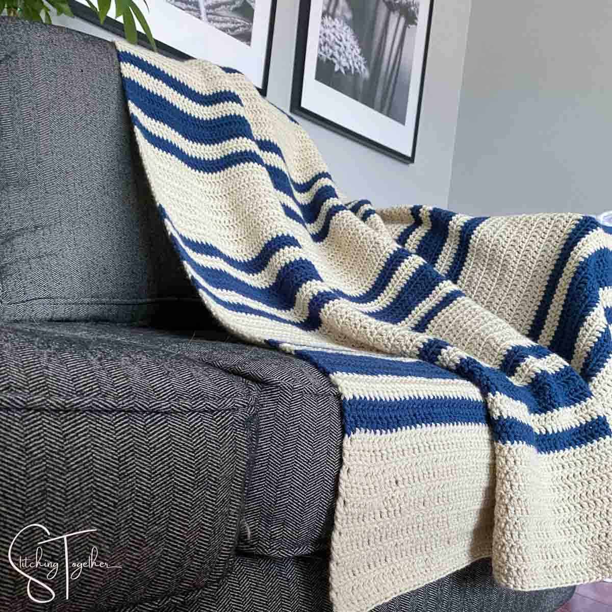 side angle of a striped double crochet throw