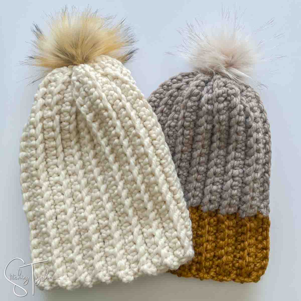 2 super bulky ribbed crochet hats laying flat