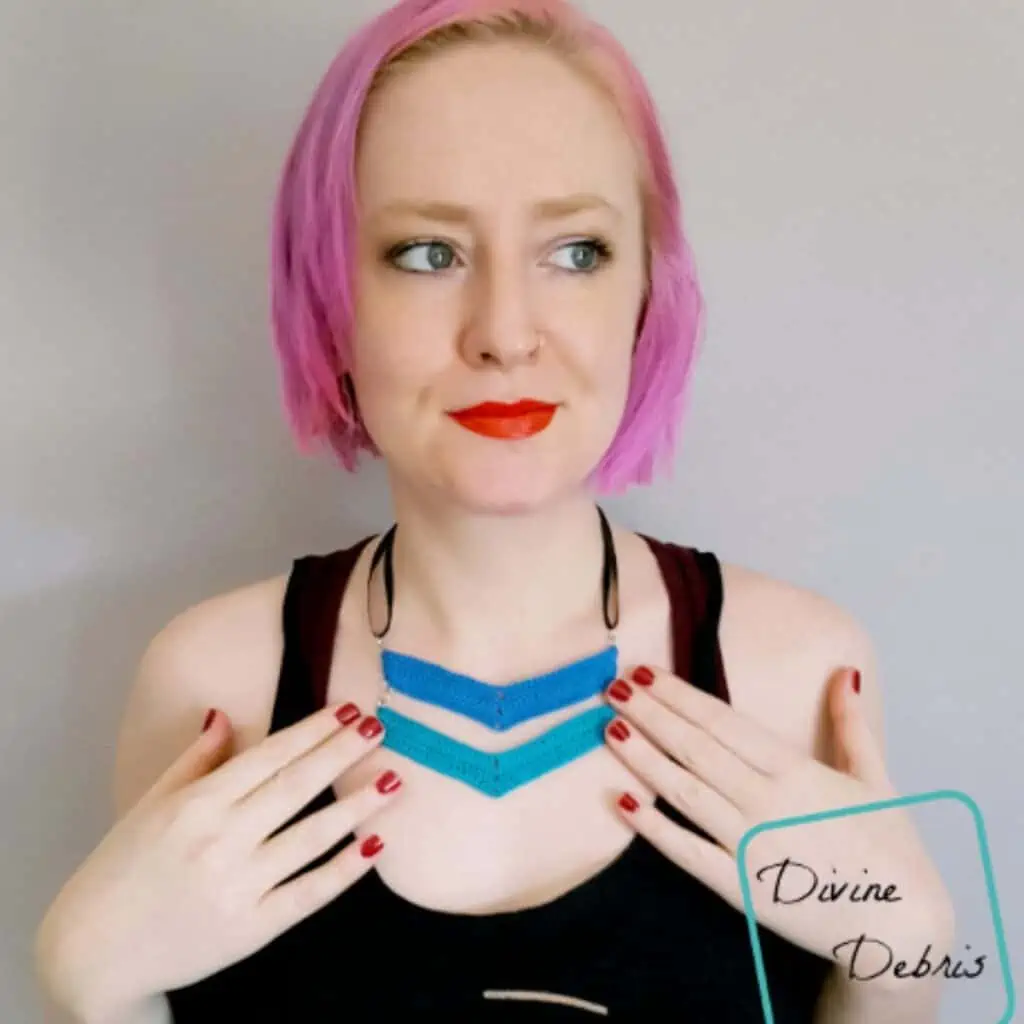 lady wearing a chevron crochet necklace