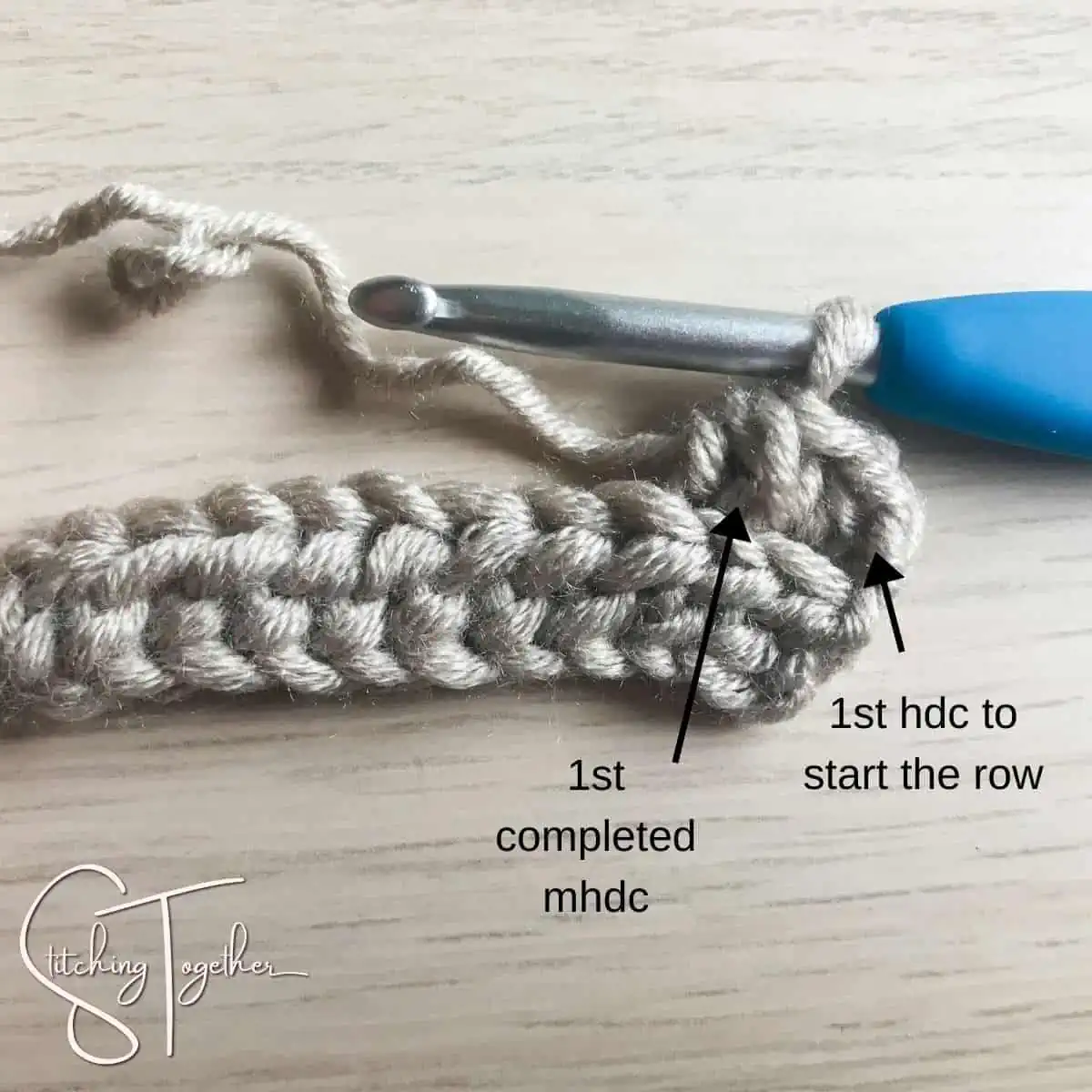 text instructions on how to work a modified half double crochet while showing the stitch