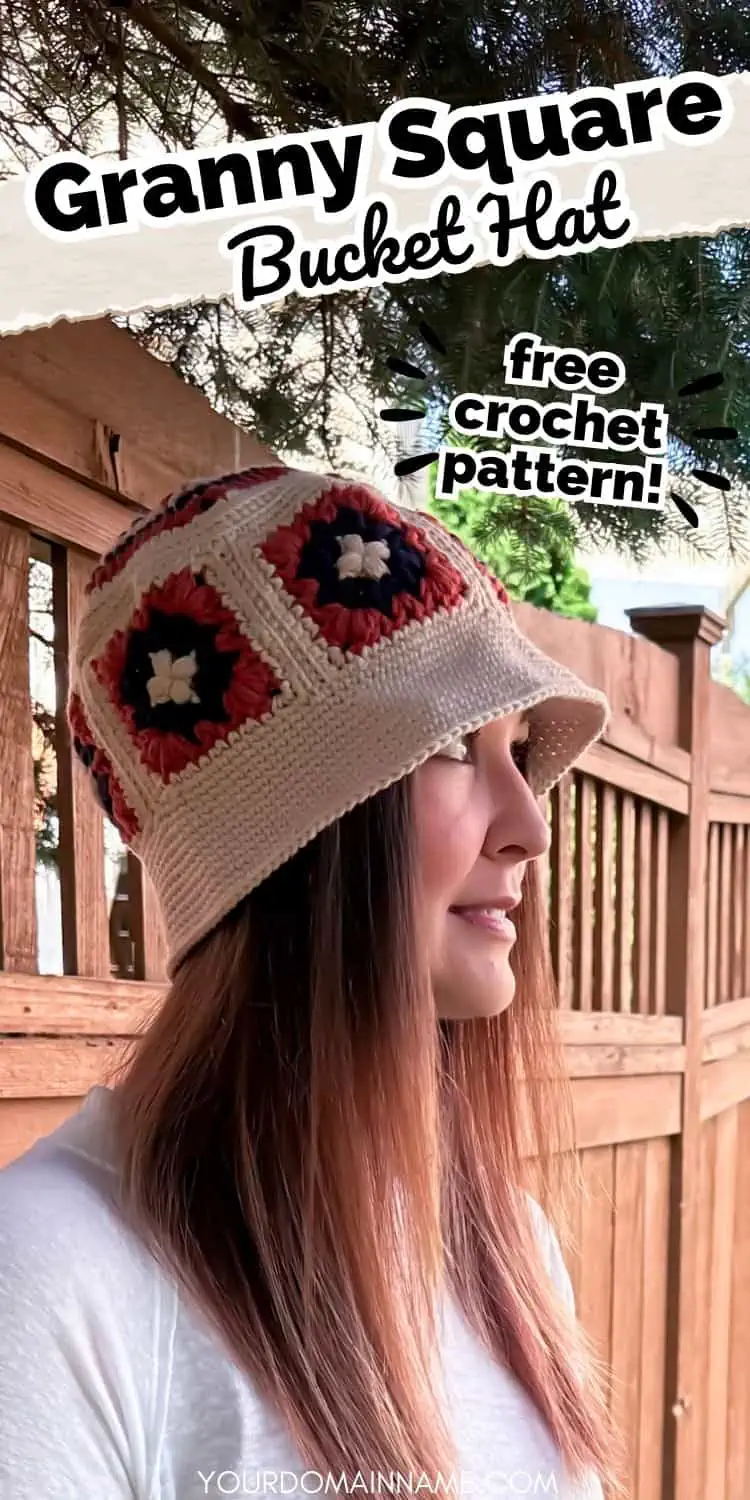 granny square bucket hat on a woman with text overlay reading "granny square bucket hat free crochet pattern"