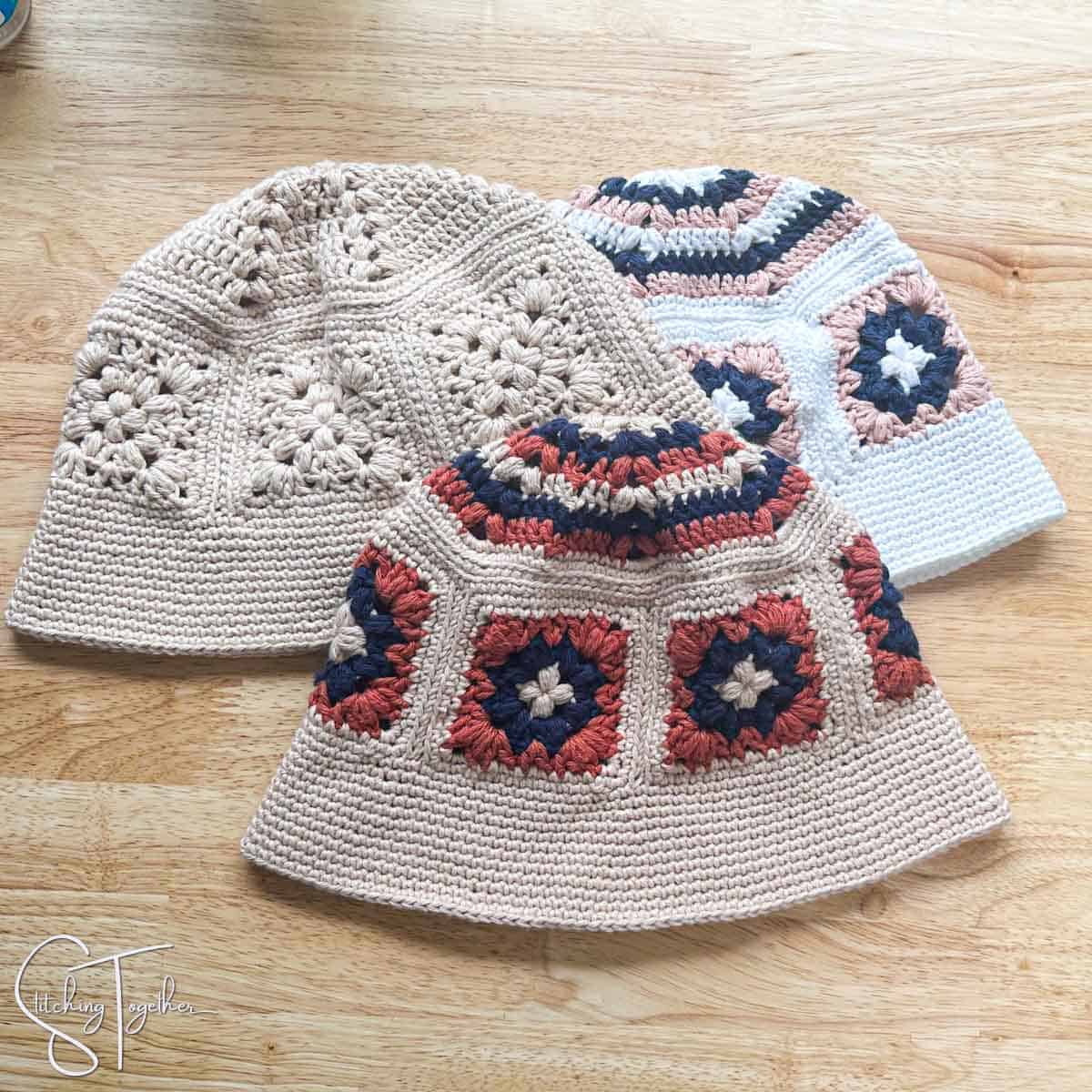 three crochet granny square bucket hats