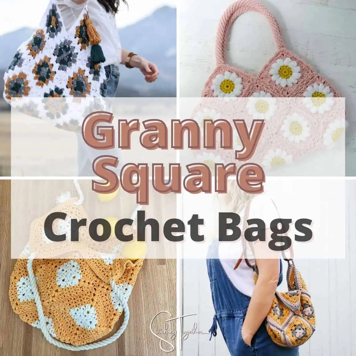 collage of different crochet granny square bags with text overlay reading "granny square crochet bags"