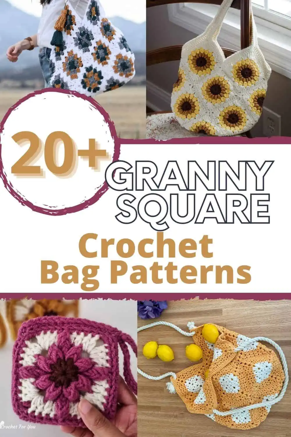collage of different crochet granny square bags with text overlay reading "20+ Granny Square crochet bag patterns"
