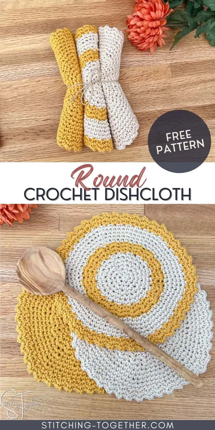 collage of 3 round crochet dishcloths that are yellow and cream with text overlay reading "round crochet dishcloth free pattern"