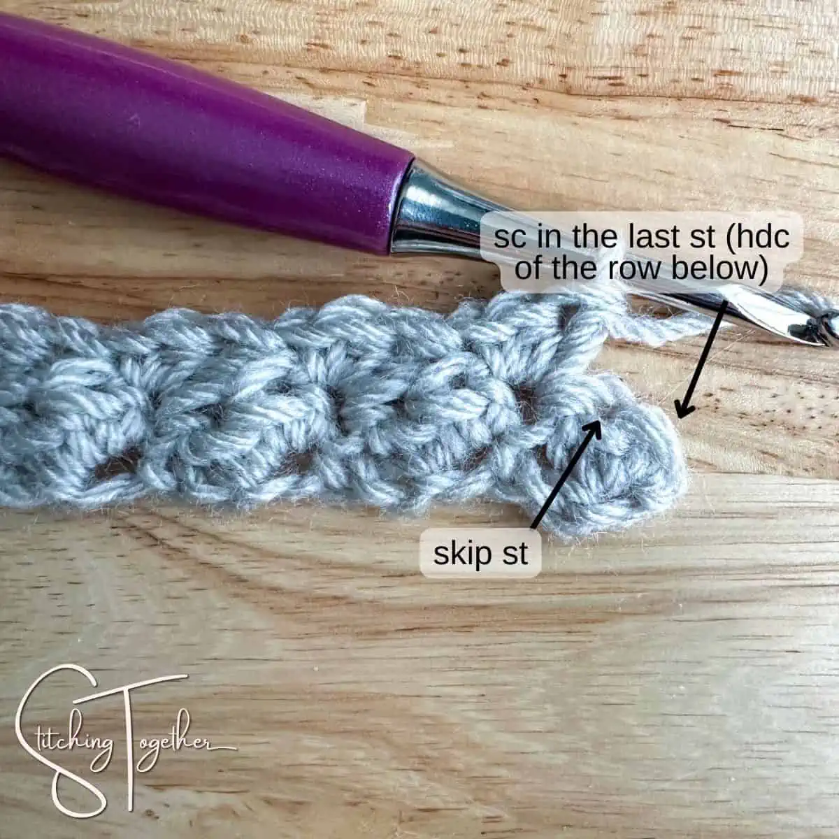 left handed showing where to put the last stitch of row 2 with arrows and labels