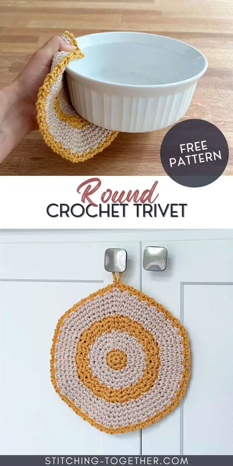 collage image of round crochet potholders with text overlay reading "round crochet trivet free pattern"