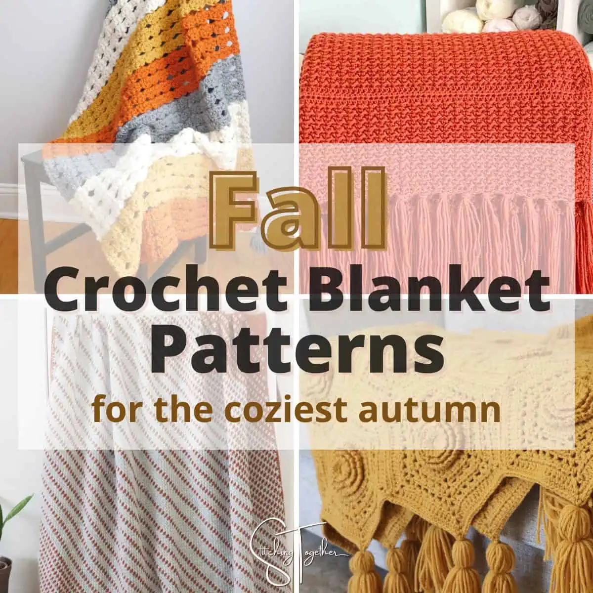 collage image of different crochet blanket patterns with text overlay reading "fall crochet blanket patterns for the coziest autumn"
