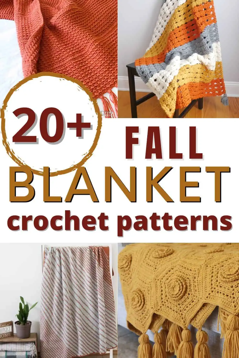 collage image of different autumn crochet blankets with text overlay reading "20+ fall blanket crochet patterns"