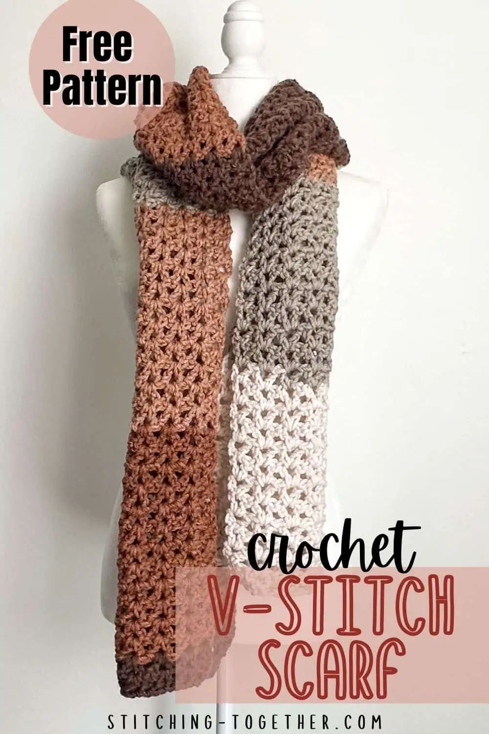 fall chunky v stitch scarf on a headless mannequin with text overlay reading "free pattern, crochet v-stitch scarf"
