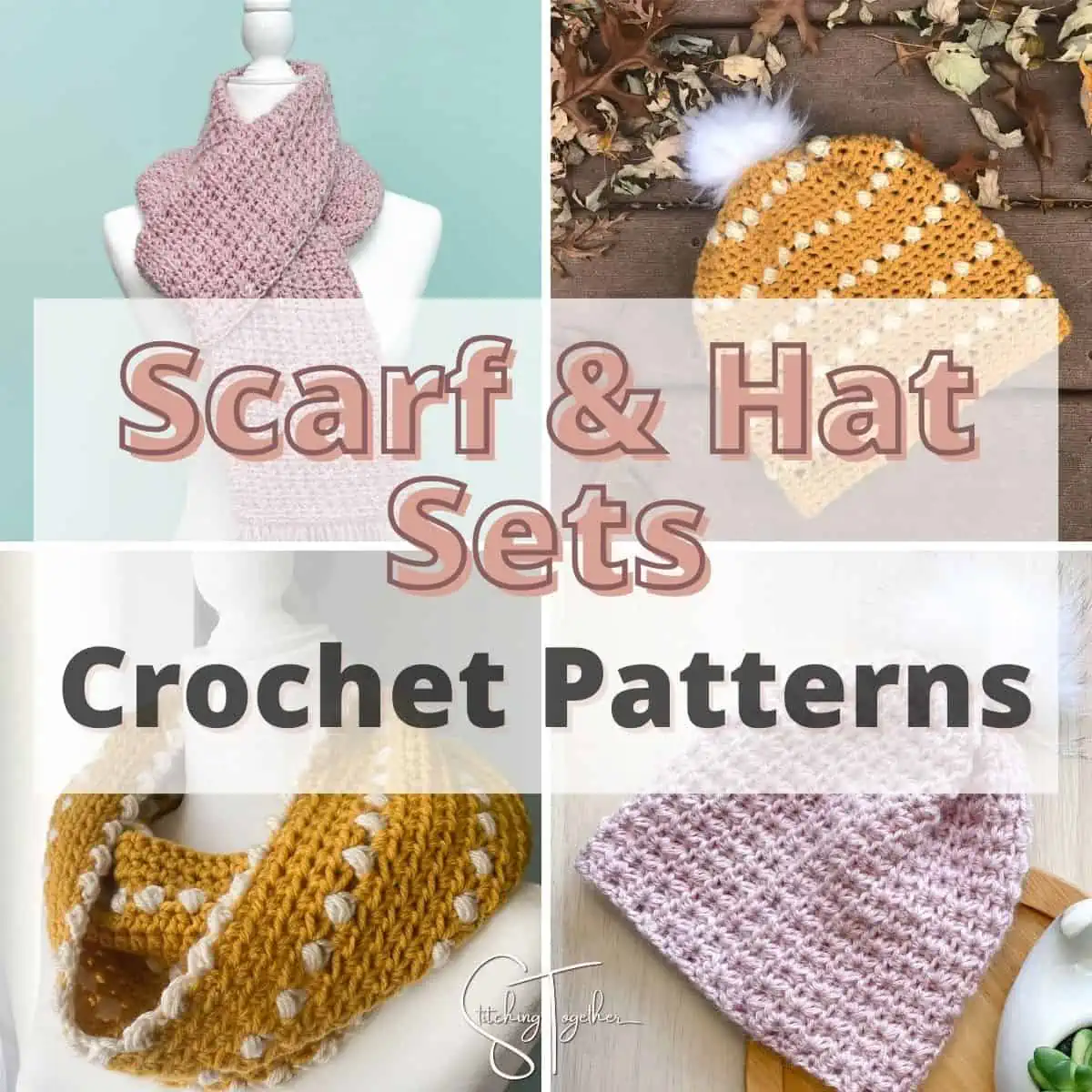 collage image with different crochet hat and scarves with text overlay reading "scarf & hat sets crochet patterns"