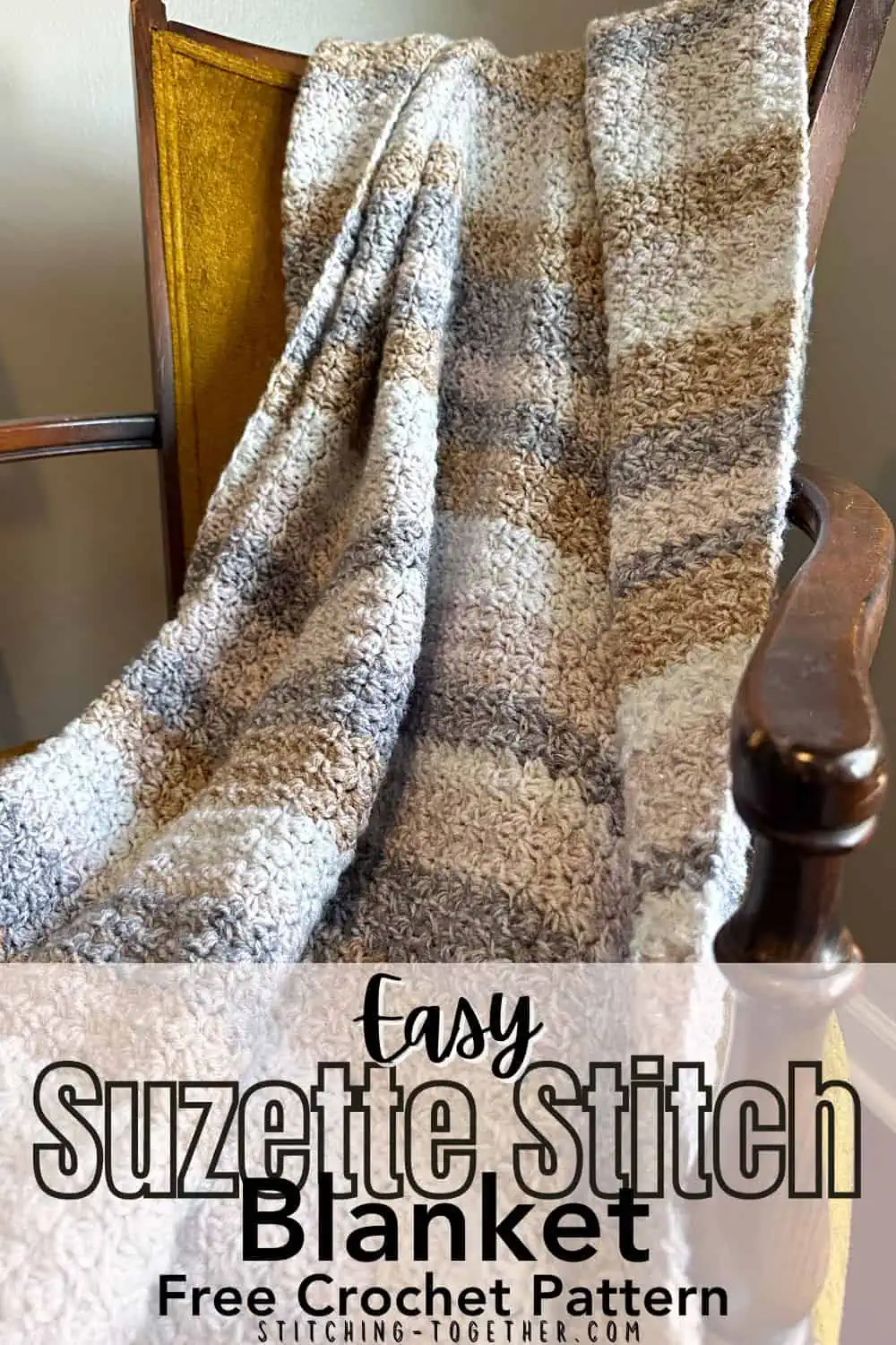 striped crochet blanket draped on a yellow chair with text overlay reading "easy suzette stitch blanket free crochet pattern"