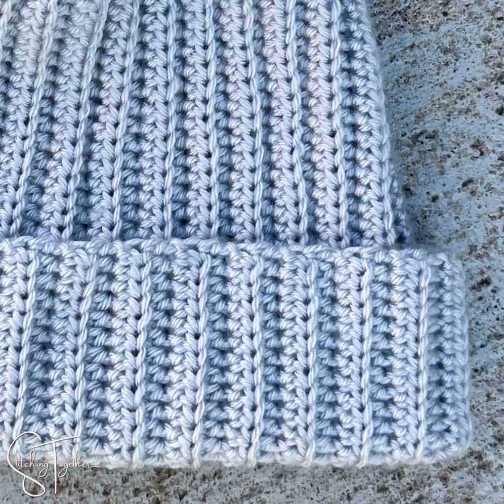close up showing crochet ribbing on a hat