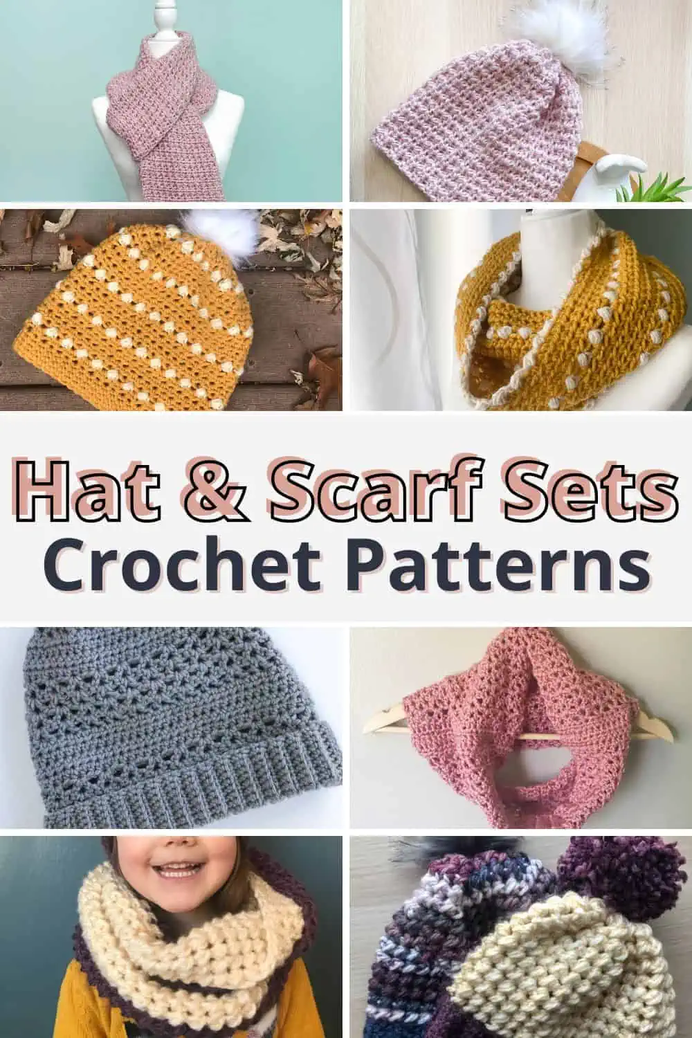 collage image with different crochet hat and scarves with text overlay reading "hat & scarf sets crochet patterns"
