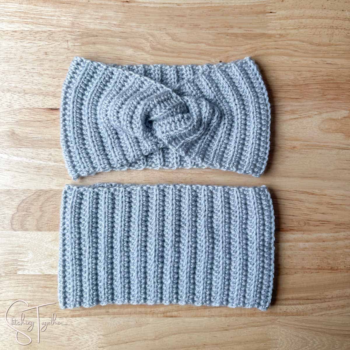 a crochet twisted headband and a crochet ribbed headband laying flat next to each other