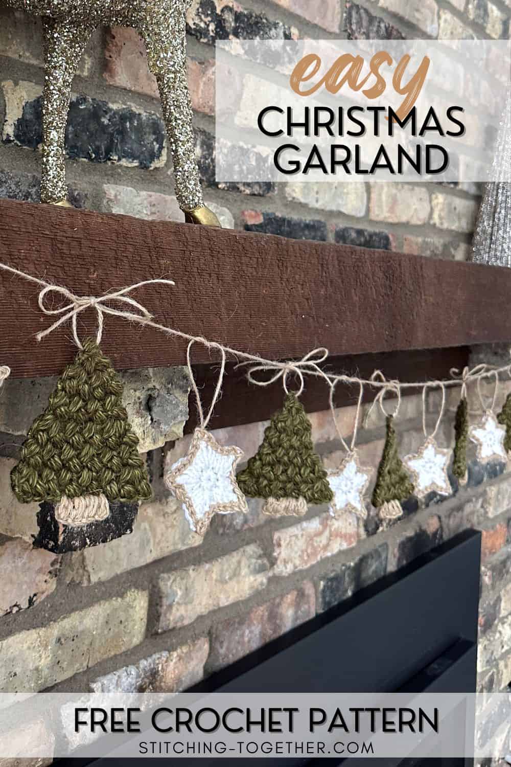 close up of crochet christmas garland with trees and stars and text overlay reading "easy christmas garland free crochet pattern"