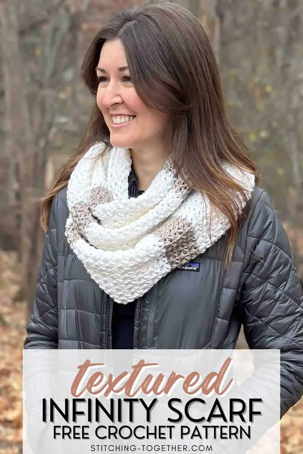 smiling woman outside wearing an infinity scarf with text overlay reading: "textured infinity scarf free crochet pattern"