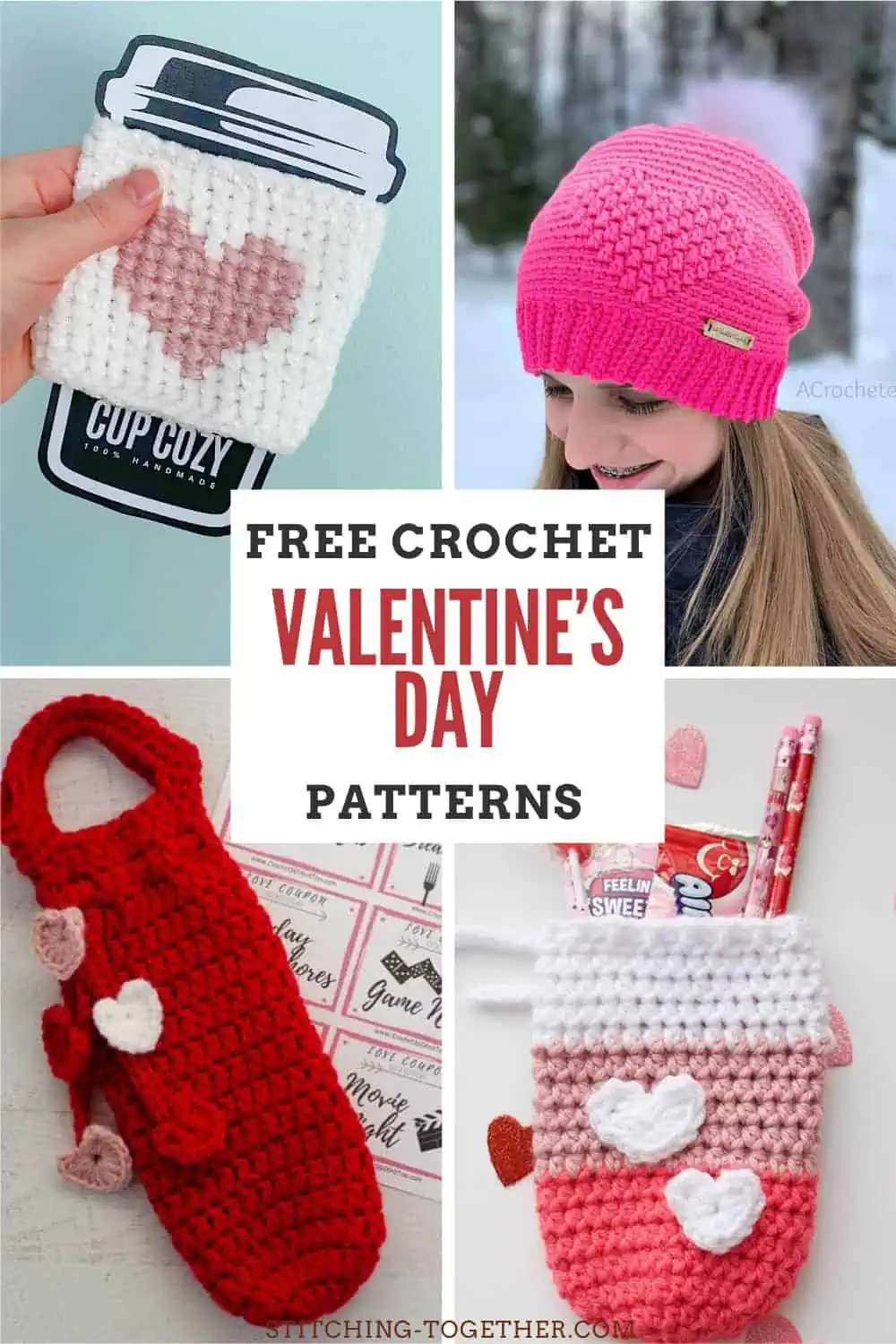 collage with different crochet heart-themed patterns with text overlay reading "Free crochet valentines day patterns"