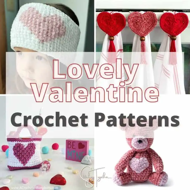 collage with different crochet heart-themed patterns with text overlay reading "lovely valentine crochet patterns"