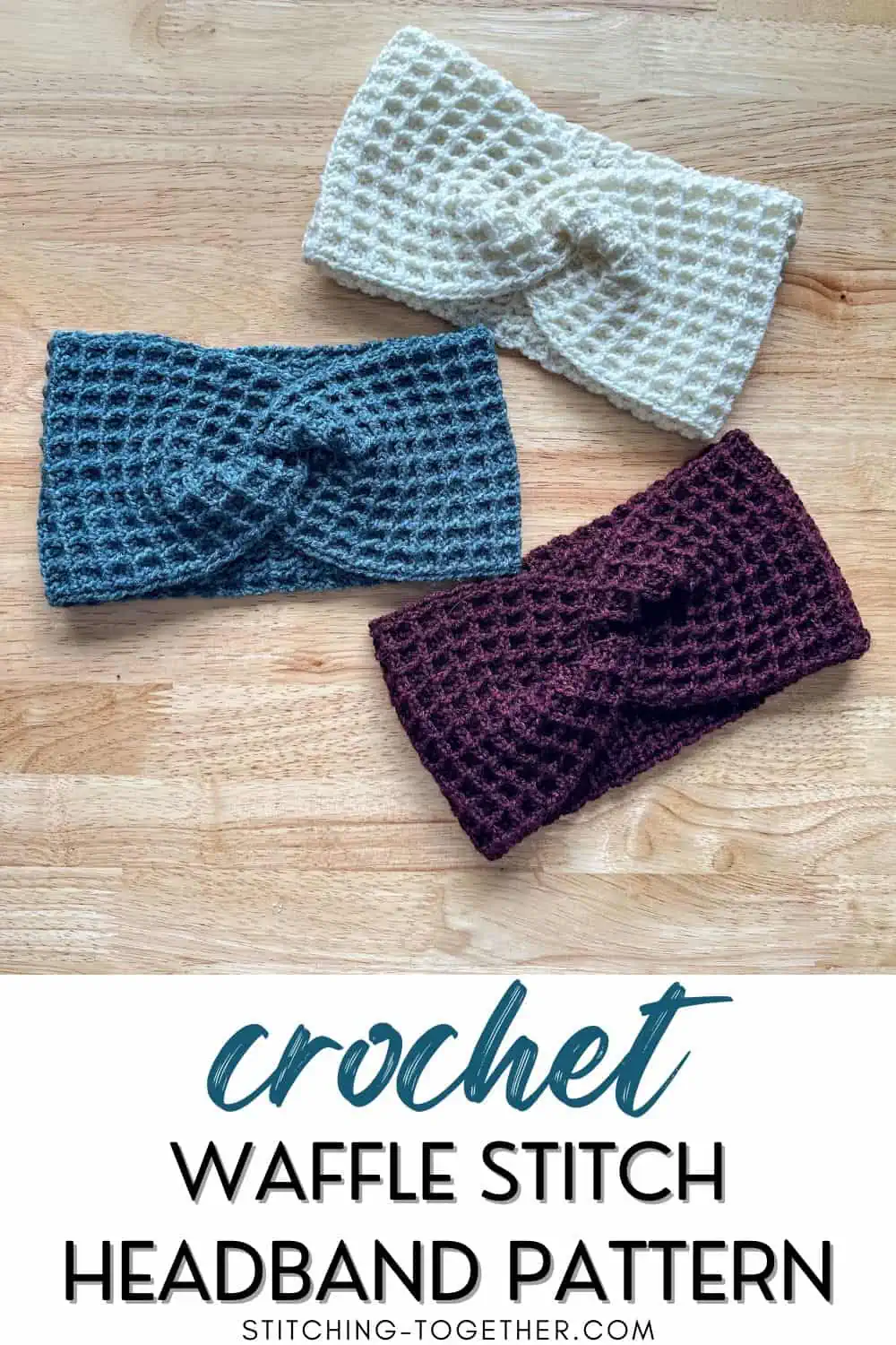 three waffle stitch headbands with text reading "crochet waffle stitch headband pattern"
