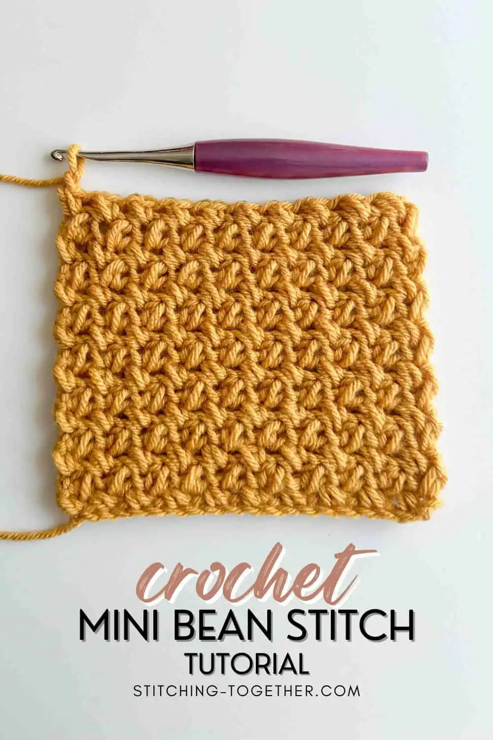 swatch of mini bean stitch fabric with text reading "crochet mini bean stitch tutorial"