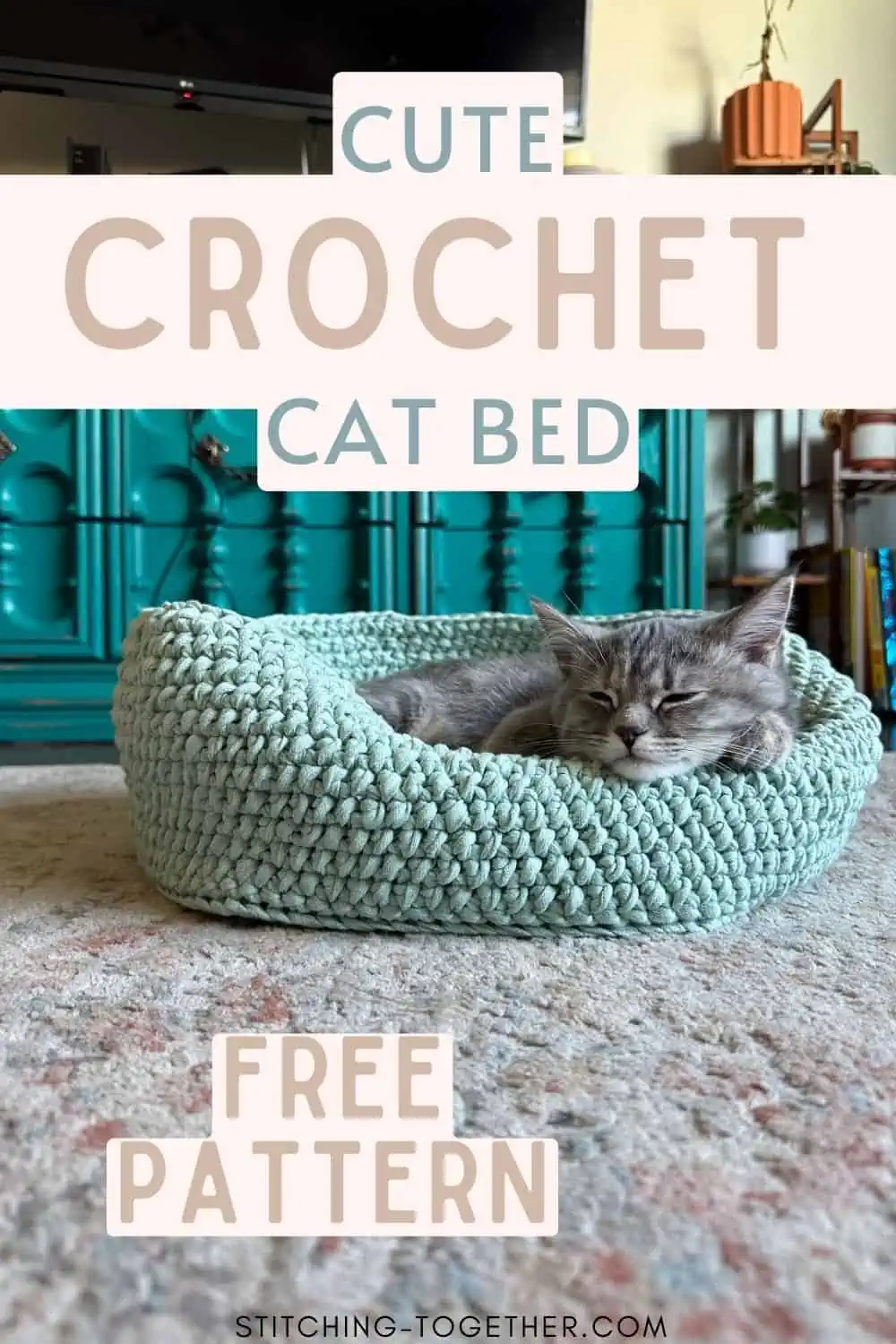 sleeping kitty in a cat bed with text overlay reading "cute crochet cat bed free pattern"