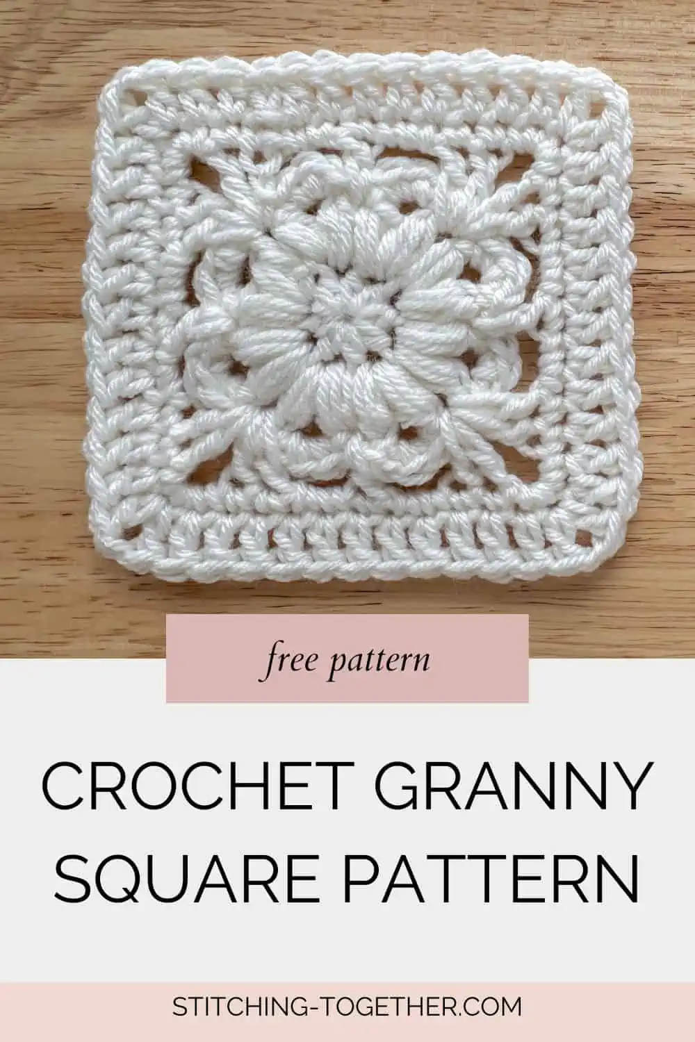white crochet flower granny square with text overlay reading "free pattern crochet granny square pattern"