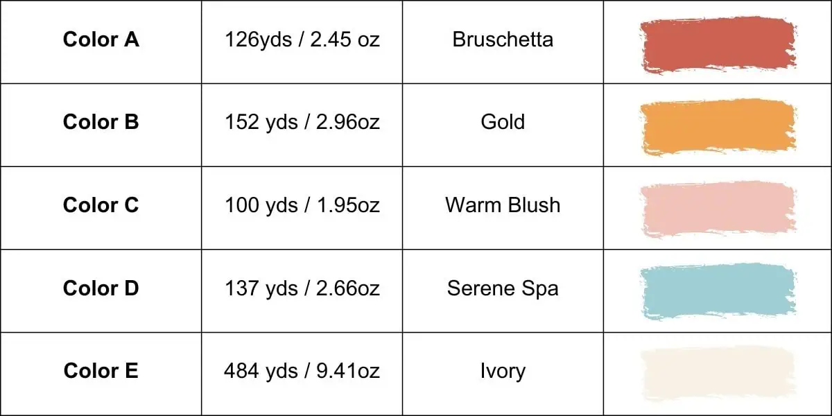 table showing yarn colors and yardage